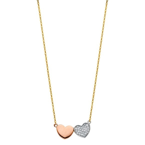 14k Solid Yellow Gold 2 Heart Pendant Necklace